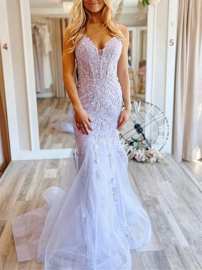 V Neck Mermaid Purple Lace Floral Long Prom Dress, Lavender Lace Forma morievent V Neck Mermaid Purple Lace Floral Long Prom Dress, Lavender Lace Forma morievent