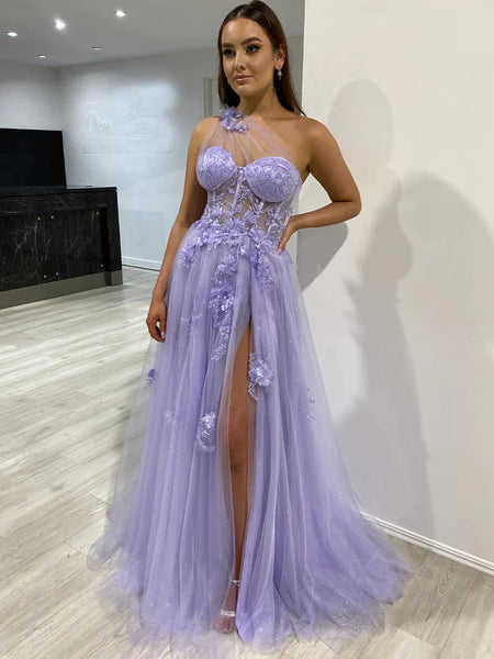 One Shoulder Purple Blue Lace Prom Dresses, One Shoulder Purple Blue Long Formal Graduation Dresses