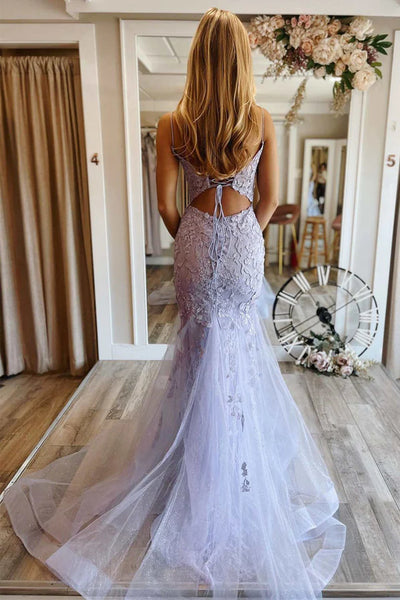 V Neck Mermaid Purple Lace Floral Long Prom Dress, Lavender Lace Formal Dress, Lavender Evening Dress
