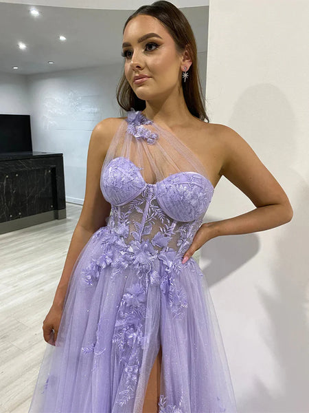 One Shoulder Purple Blue Lace Prom Dresses, One Shoulder Purple Blue Long Formal Graduation Dresses