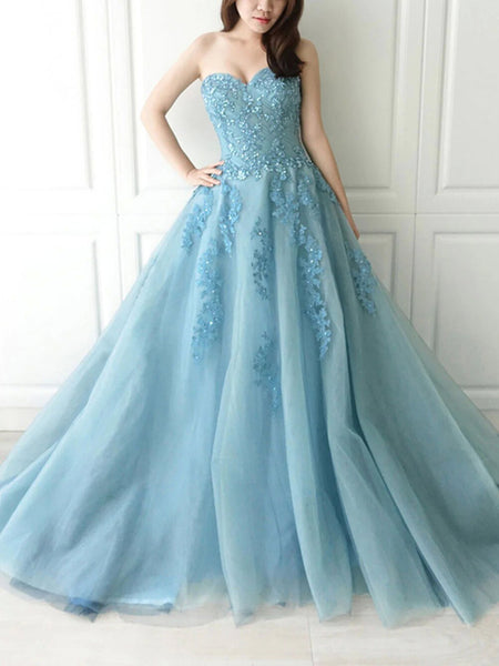 Sweetheart Neck Blue Tulle Lace Long Prom Dress, Blue Lace Tulle Formal Evening Dress