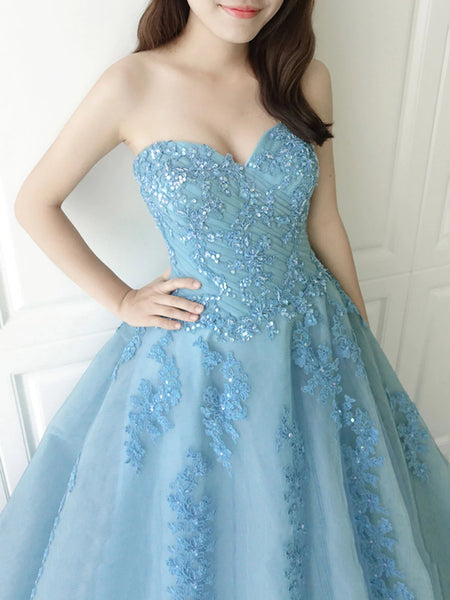 Sweetheart Neck Blue Tulle Lace Long Prom Dress, Blue Lace Tulle Formal Evening Dress