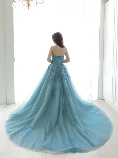 Sweetheart Neck Blue Tulle Lace Long Prom Dress, Blue Lace Tulle Formal Evening Dress