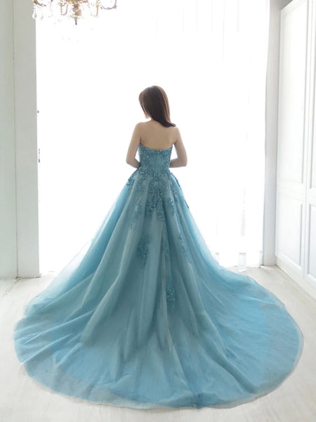 Sweetheart Neck Blue Tulle Lace Long Prom Dress, Blue Lace Tulle Formal Evening Dress