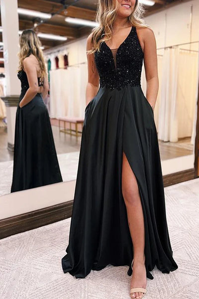 V Neck Dark Green Sequins Long Prom Dress with High Slit, Long Dark Green Formal Graduation Evening Dress with Pocket