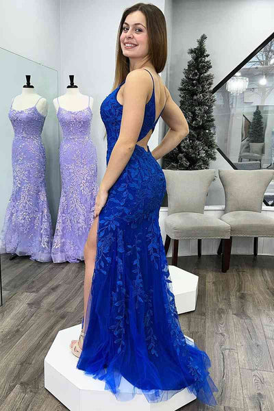 Royal Blue Mermaid Deep V Neck Tulle Applique Long Prom Dress, Mermaid Blue Evening Dress
