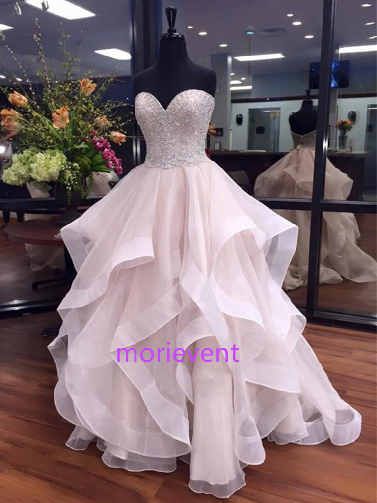 Custom Made Ball Gown Sweetheart  Organza Floor Length Beading Ruffles Prom Dresses