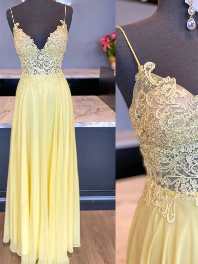 V Neck Yellow Chiffon Lace Long Prom Dresses, V Neck Yellow Chiffon Lace Long Formal Evening Dresses