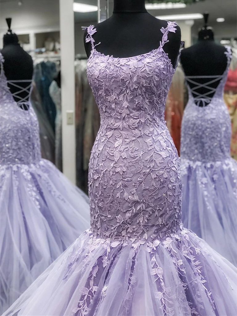 Purple Lace Tulle Mermaid Backless Long Prom Dresses, Mermaid Lace Long Formal Evening Dresses