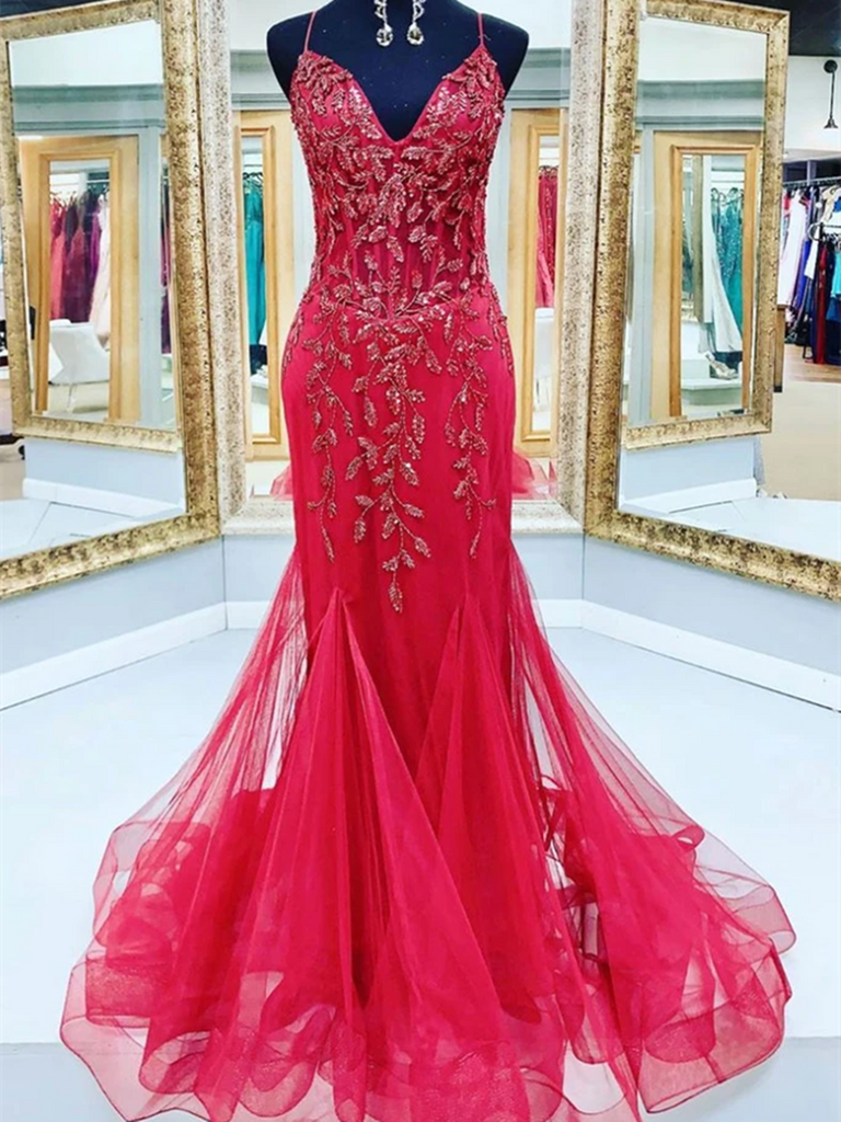 V Neck Red Mermaid Tulle Sequin Beads Long Prom Dresses,  Red Mermaid Formal Evening Dresses