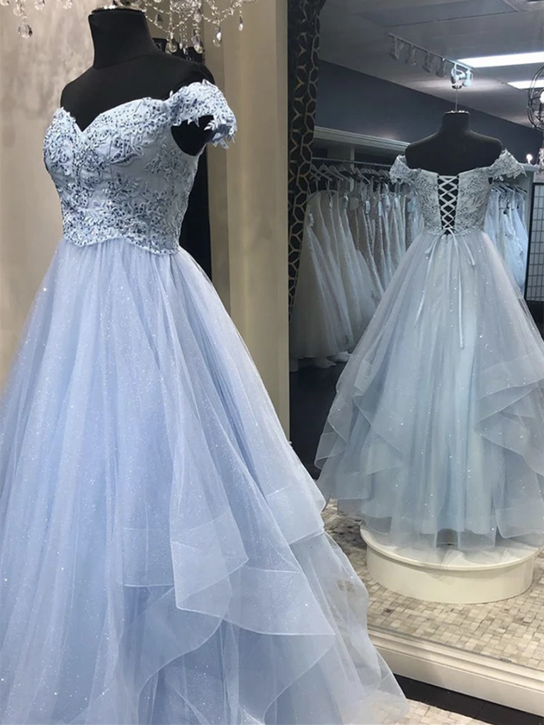 Blue Tulle Lace Off Shoulder Long Prom Dresses, Blue Lace Off The Shoulder Long Formal Evening Dresses