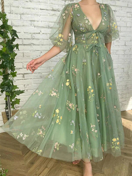 Elegant V Neck Green Tea Length Half Sleeves Prom Dresses with 3D Flowers , Green Half Sleeves Formal Evening Dresses