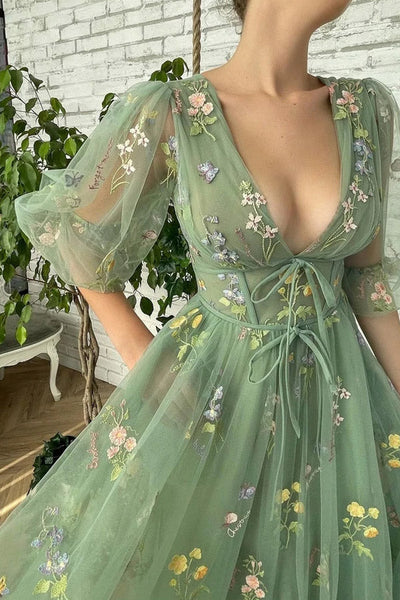 Elegant V Neck Green Tea Length Half Sleeves Prom Dresses with 3D Flowers , Green Half Sleeves Formal Evening Dresses