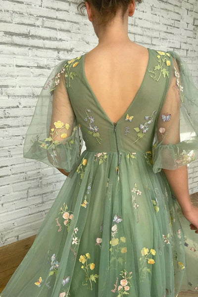 Elegant V Neck Green Tea Length Half Sleeves Prom Dresses with 3D Flowers , Green Half Sleeves Formal Evening Dresses