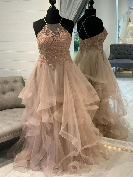 Halter Neck Champagne Tulle Lace Long Prom Dresses, Long Lace Champagne Formal Evening Homecoming Dresses