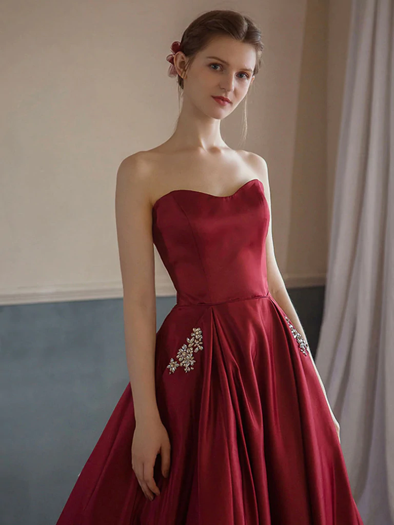 Sweetheart Neck Burgundy Satin Long Prom Dresses with Pocket, Long Bur morievent Sweetheart Neck Burgundy Satin Long Prom Dresses with Pocket, Long Bur morievent