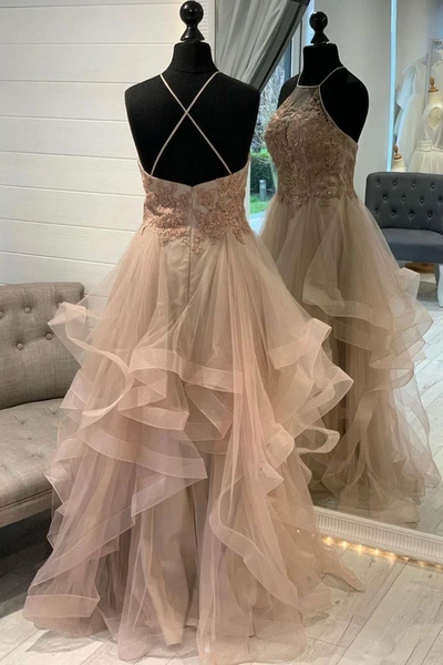 Halter Neck Champagne Tulle Lace Long Prom Dresses, Long Lace Champagne Formal Evening Homecoming Dresses