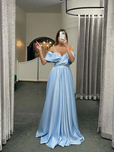 Off the Shoulder Light Blue Satin Prom Dresses, Off the Shoulder Light Blue Formal Evening Dresses