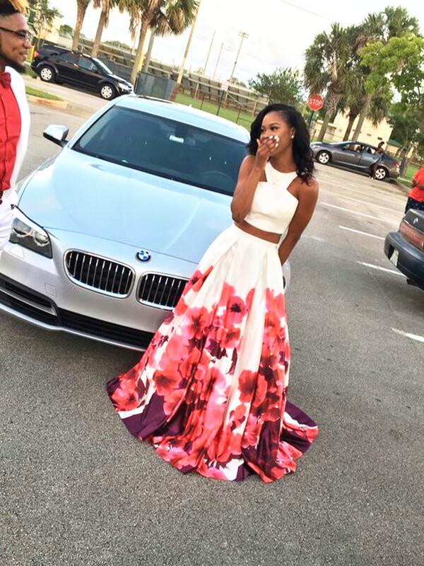 two piece floral prom dresses Halter-Neck Two-Piece Floral Print Long Prom Dress