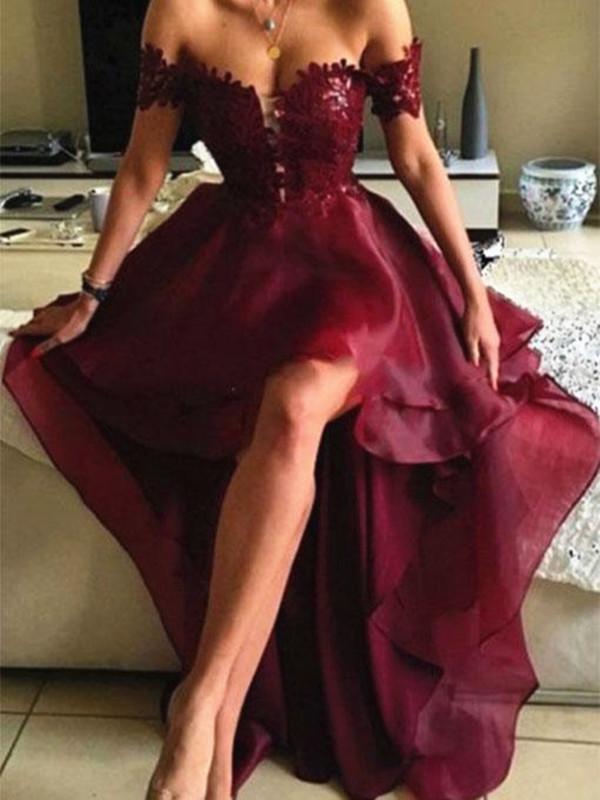 High Low Organza Maroon Lace Prom Dress, High Low Formal Dress, Maroon Lace Graduation Dress, Maroon High Low Homecoming Dress