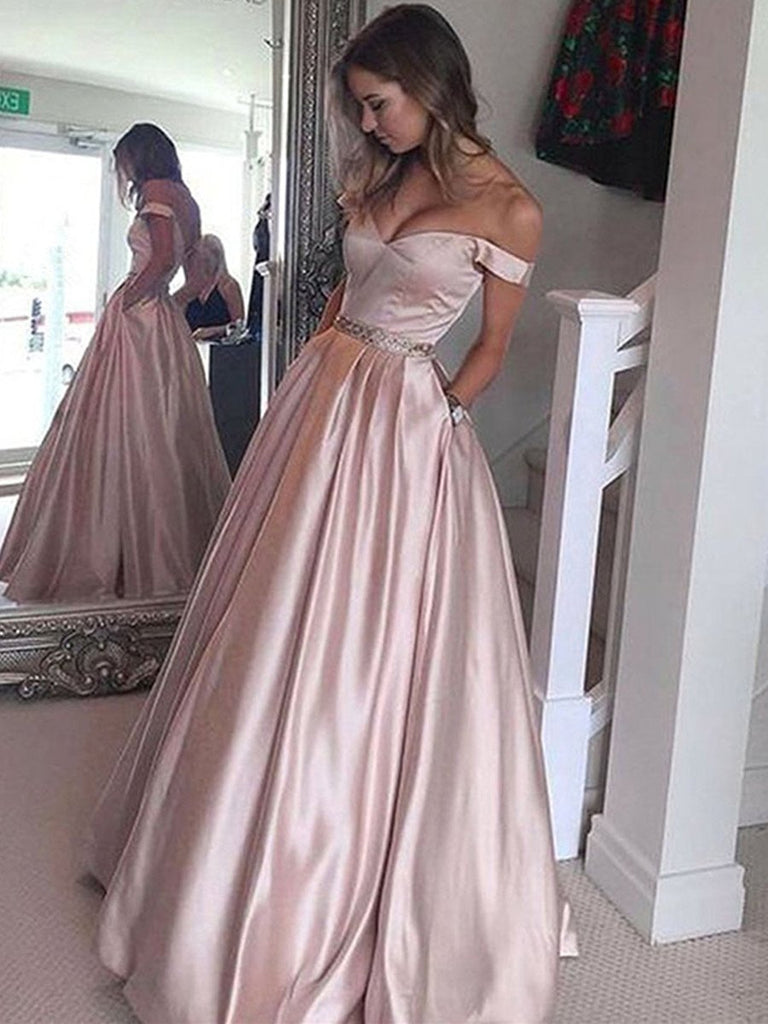 satin graduation dress Elegant Off shoulder Floor Length Satin Prom Dress, Off Shoulder Pink – morievent