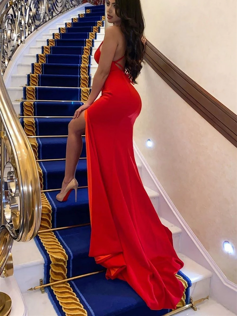 Hot Sexy Mermaid Spaghetti Straps Red Backless Long Prom Dresses, Red morievent Hot Sexy Mermaid Spaghetti Straps Red Backless Long Prom Dresses, Red morievent