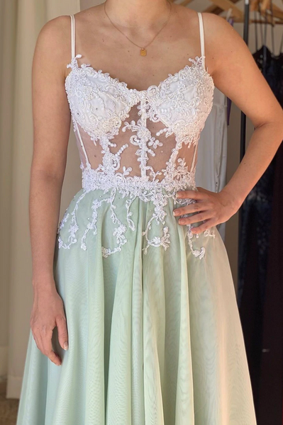 A Line green Tulle Lace Long Prom Dresses, A Line green Tulle Lace Long Formal Evening Dresses