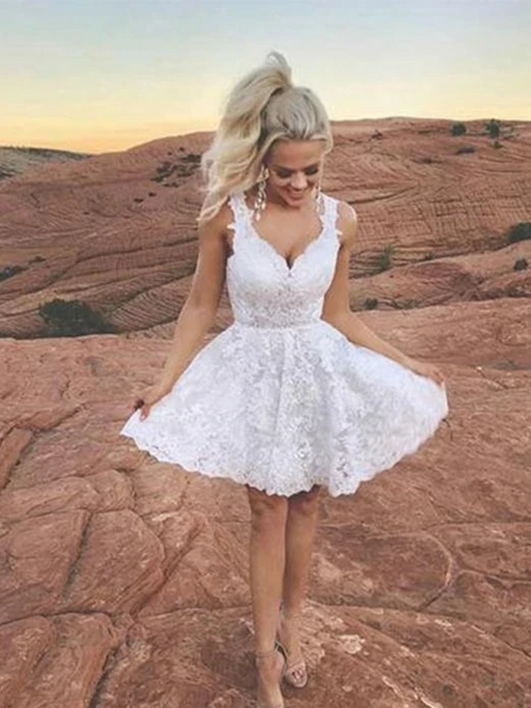 A Line Sweetheart Neck Cute White Lace Short Prom Dresses Short White Lace Formal Evening Homecoming Dresses