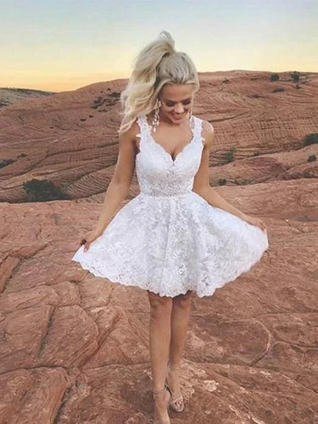 A Line Sweetheart Neck Cute White Lace Short Prom Dresses, Short White Lace Formal Evening Homecoming Dresses