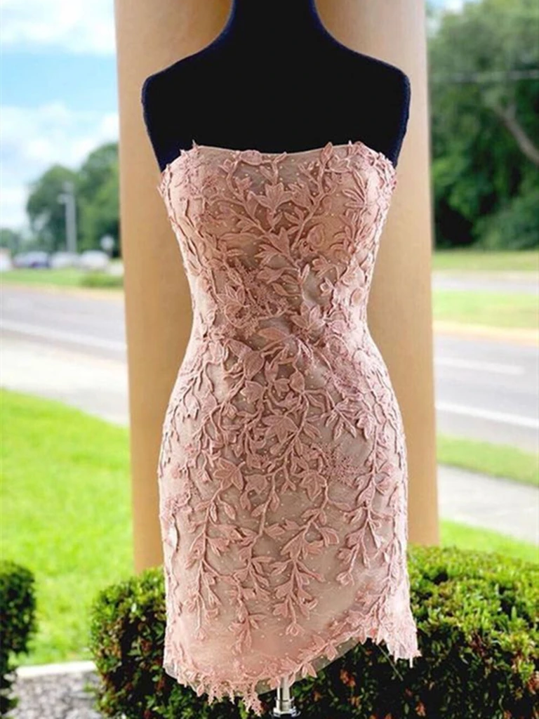Strapless Pink Lace Short Prom Dresses, Short Pink Lace Formal Graduation Homecoming Dresses, Cocktail Dresses