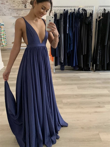 Deep V Neck Blue Long Prom Dresses, Simple Blue Long Formal Evening Dresses