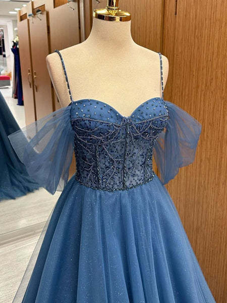 A Line Sweetheart Neck Beading Tulle Blue Long Prom Dresses, Blue Tulle Formal Evening Dresses