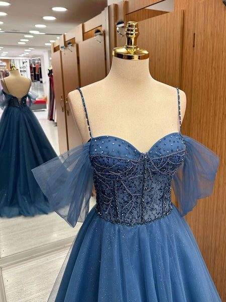 A Line Sweetheart Neck Beading Tulle Blue Long Prom Dresses, Blue Tulle Formal Evening Dresses