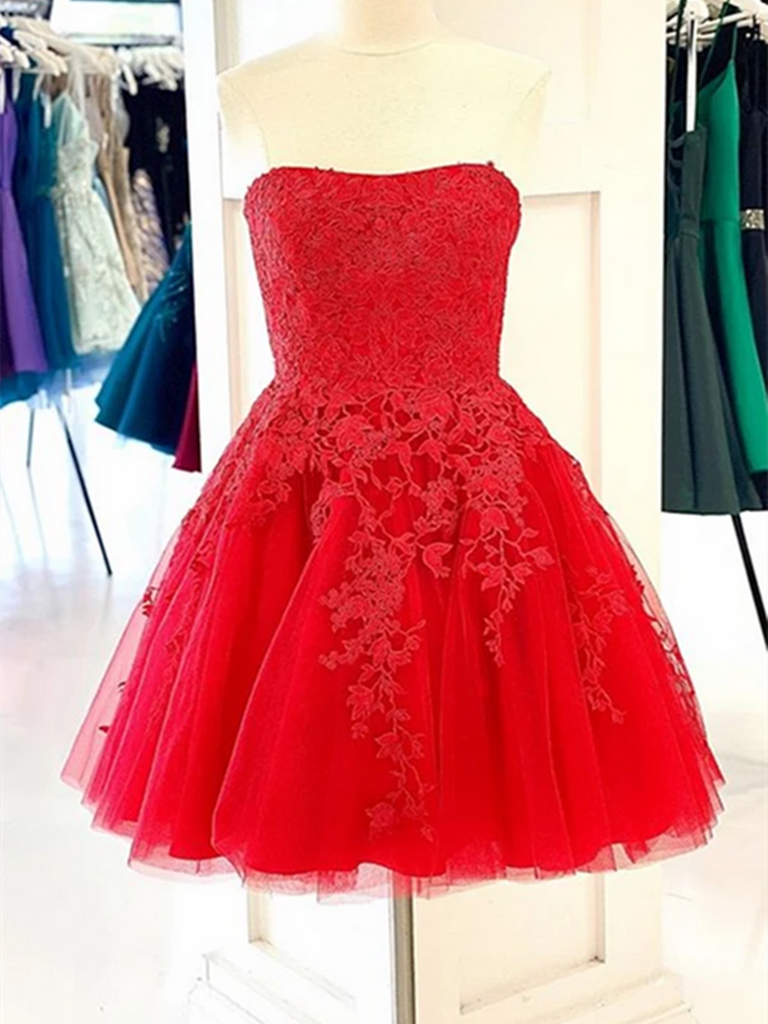 Red New 2021 Lace Short Prom Dresses Homecoming Dresses , Short Red Lace Formal Evening Dresses