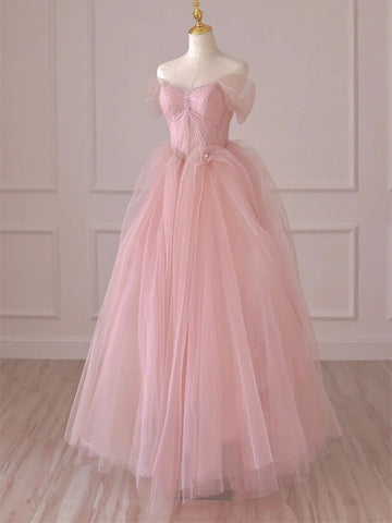 Off Shoulder Pink  Lace Tulle Long Prom Dresses, Beautiful Pink Off Shoulder Formal Evening Dresses