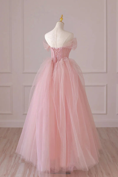 Off Shoulder Pink  Lace Tulle Long Prom Dresses, Beautiful Pink Off Shoulder Formal Evening Dresses