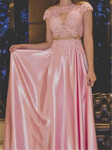 A Line 2 Pieces Pink Sexy Open Back Formal Party  Prom Gowns, Cap Sleeves Lace Two Pieces Lace Pink Evening Dresses