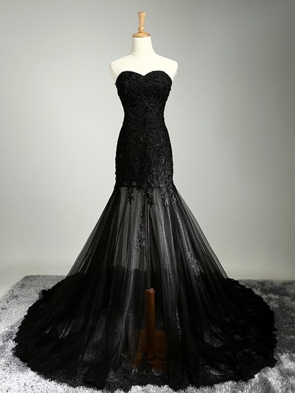 Custom Made Sweetheart Neck Mermaid Black Lace Prom Dresses with Sweep morievent Custom Made Sweetheart Neck Mermaid Black Lace Prom Dresses with Sweep morievent
