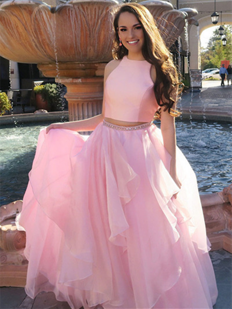 Elegant halter pink tulle two pieces ruffles Long Prom Dresses, 2 Pieces r pink tulle Long Formal Evening Dresses