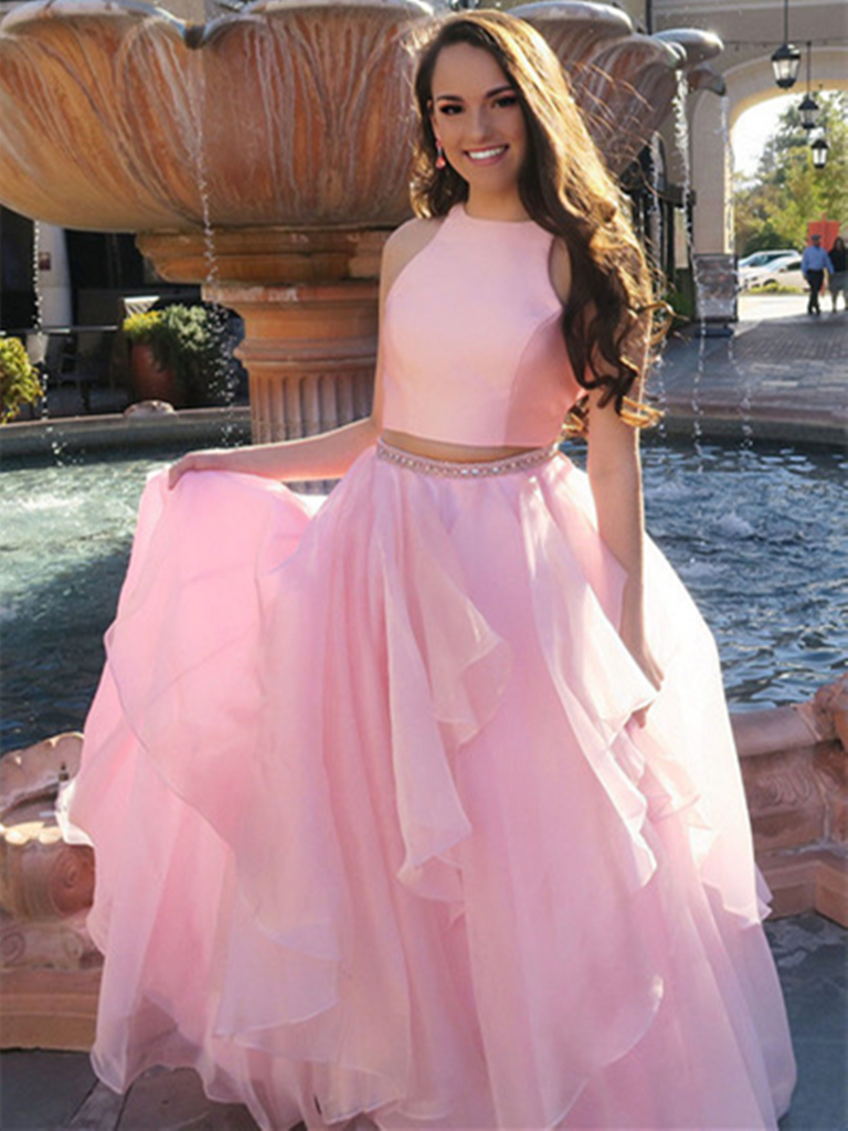 Elegant halter pink tulle two pieces ruffles Long Prom Dresses, 2 Piec morievent Elegant halter pink tulle two pieces ruffles Long Prom Dresses, 2 Piec morievent