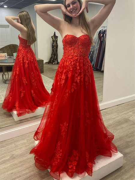 Sweetheart Neck Red Tulle Long Prom Dresses, Sweetheart Neck Red Tulle Long Formal Evening Dresses