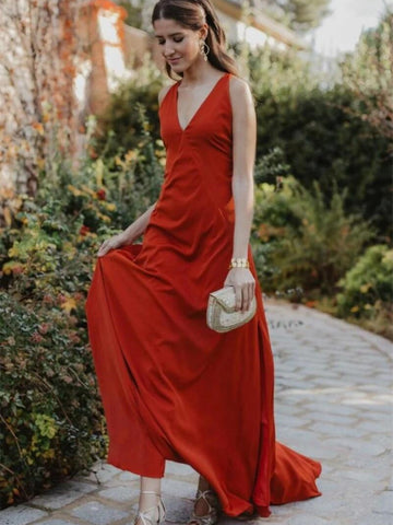 A Line V Neckline Orange Red Evening Gown with Strapy Back, Orange Red Long Prom Dresses