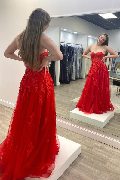 Sweetheart Neck Red Tulle Long Prom Dresses, Sweetheart Neck Red Tulle Long Formal Evening Dresses