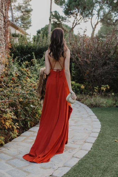 A Line V Neckline Orange Red Evening Gown with Strapy Back, Orange Red Long Prom Dresses