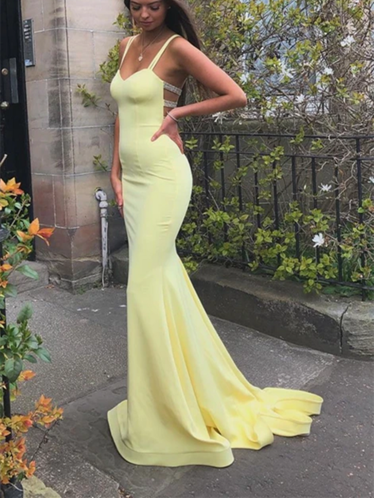 Chic / Beautiful Yellow Satin Evening Dresses 2023 A-Line / Princess Ruffle  Off-The-Shoulder Short Sleeve Backless Floor-Length / Long Evening Party Formal  Dresses