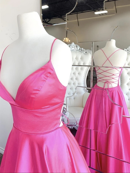 A Line V Neck Hot Pink Backless Long Prom Dresses, V Neck Hot Pink Long Formal Evening Graduation Dresses
