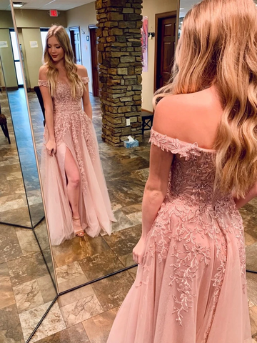 Off the Shoulder Pink Lace Long Prom Dresses, Off Shoulder Pink Lace Formal Evening Dresses