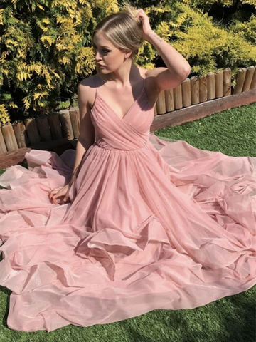 A Line V Neck Pink Chiffon Long Prom Dresses, A Line V Neck Pink Chiffon Long Formal Evening Dresses