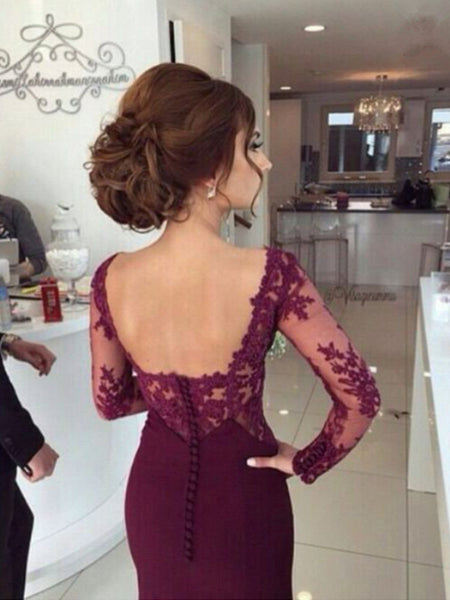 Custom Made Mermaid Floor Length Maroon Lace Prom Dresses, Maroon Lace Bridesmaid Dresses