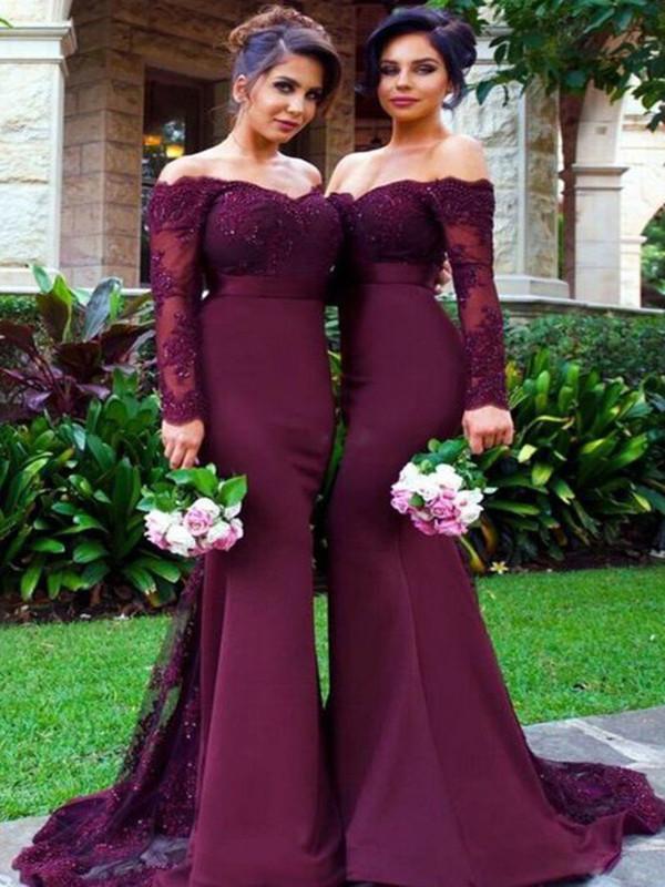 Custom Made Off Shoulder Maroon Long Sleeves Mermaid Lace Prom Dresses, Burgundy Lace Bridesmaid Dresses, Formal Dresses Custom Made Off Shoulder Maroon Long Sleeves Mermaid Lace Prom Dresses, Burgundy Lace Bridesmaid Dresses, Formal Dresses